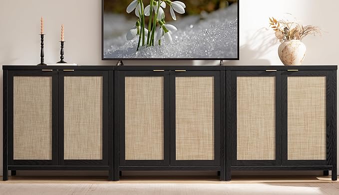 SICOTAS Rattan Sideboard Buffet Storage Cabinet - 3 Pieces Boho Farmhouse Coffee Bar Cabinet Credenza Cabinet with Storage and Rattan Decorated Doors for Home Kitchen, Black