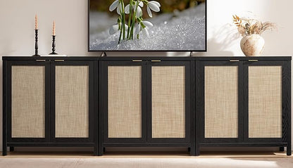 SICOTAS Rattan Sideboard Buffet Storage Cabinet - 3 Pieces Boho Farmhouse Coffee Bar Cabinet Credenza Cabinet with Storage and Rattan Decorated Doors for Home Kitchen, Black