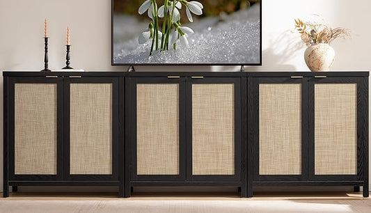 SICOTAS Rattan Sideboard Buffet Storage Cabinet - 3 Pieces Boho Farmhouse Coffee Bar Cabinet Credenza Cabinet with Storage and Rattan Decorated Doors for Home Kitchen, Black
