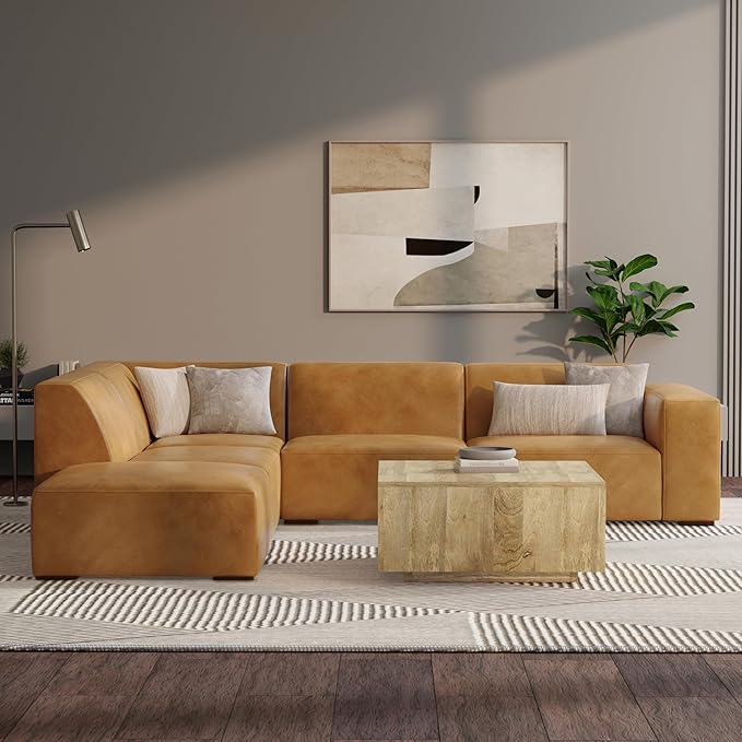 SIMPLIHOME Rex Left Corner Sectional Modular Sofa and Ottoman Set in Full-Grain Genuine Leather, Sienna, 116-inch-wide L-Shaped Leather Sofa and Matching 34-inch-Wide Table Ottoman for Living Room