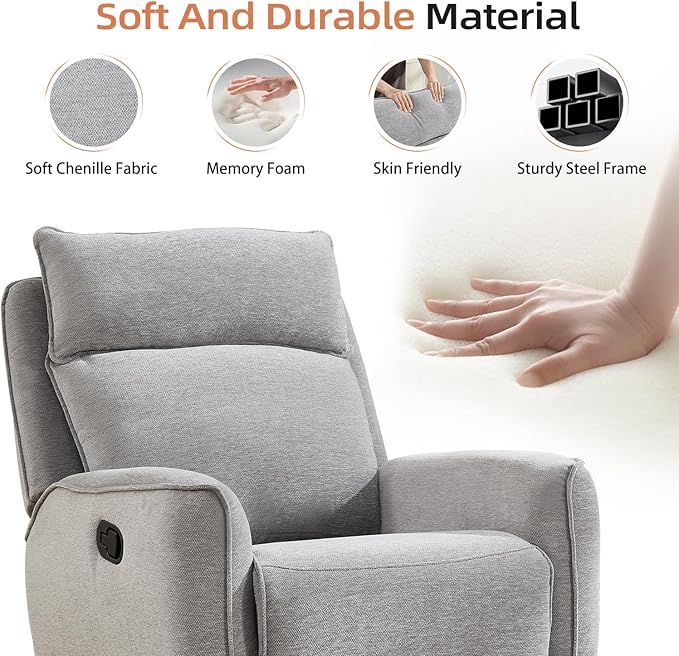 INZOY Nursing Rocking Chair Recliner, Swivel Rocker Recliner, Swivel Glider Rocking Recliners with Soft Backrest, Chenille Fabric Manual Reclining Sofa for Living Room Bedroom Apartment, Grey