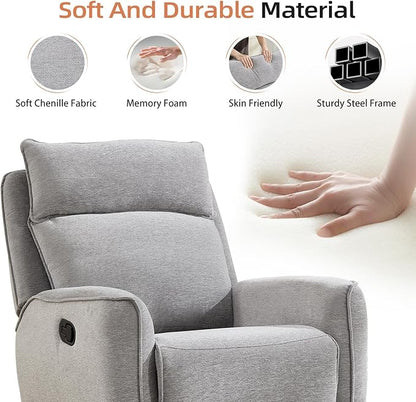 INZOY Nursing Rocking Chair Recliner, Swivel Rocker Recliner, Swivel Glider Rocking Recliners with Soft Backrest, Chenille Fabric Manual Reclining Sofa for Living Room Bedroom Apartment, Grey