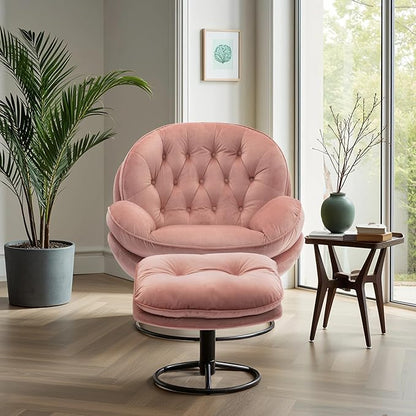 Set of 2 360° Swivel Modern Velvet Accent Chair with Ottoman | Mid-Century Button Tufted Lounge Chair for Living Room & Bedroom, Pink