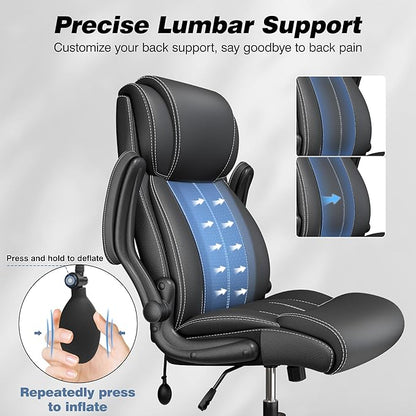 Ergonomic Office Chair - Desk Computer Chair, Leather High Back Executive Chairs with Adjustable Lumbar Support & Flip Up Arms, Rocking, Black