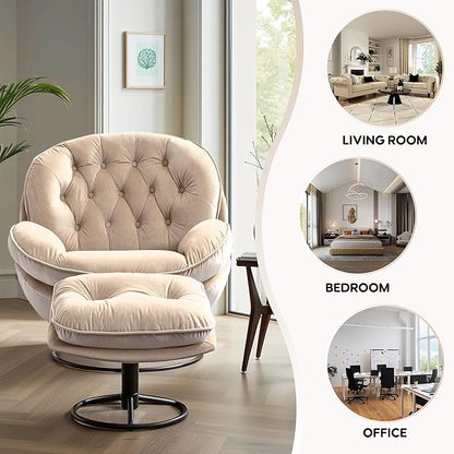 360° Swivel Modern Velvet Accent Chair with Ottoman | Mid-Century Button Tufted Lounge Chair for Living Room & Bedroom, Beige