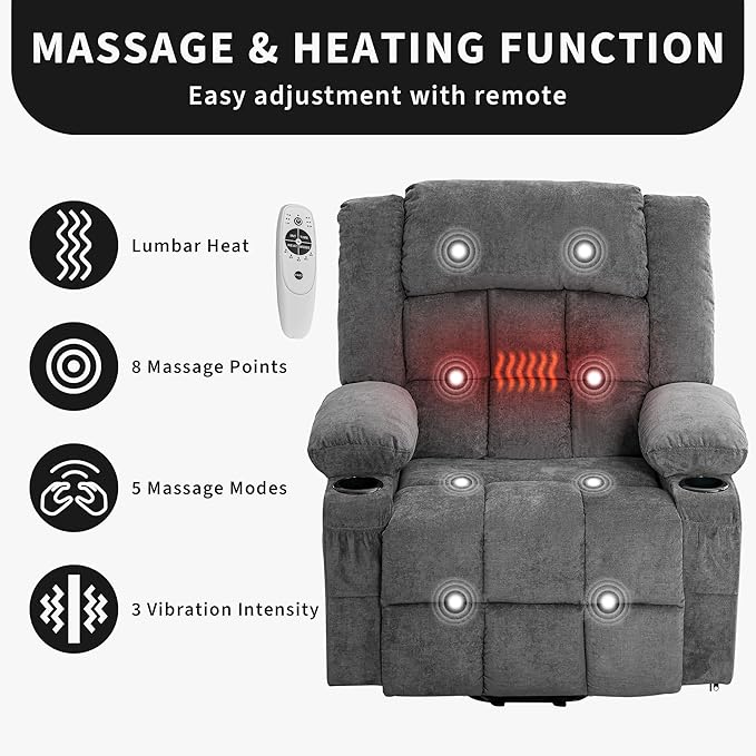 Large Power Lift Recliner Chair for Elderly Wide Electric Lift Chair with Massage and Heat for Big and Tall Adults Reclining Sofa Chair with Remote Control, Cup Holders, Side Pockets, USB Port, Gray