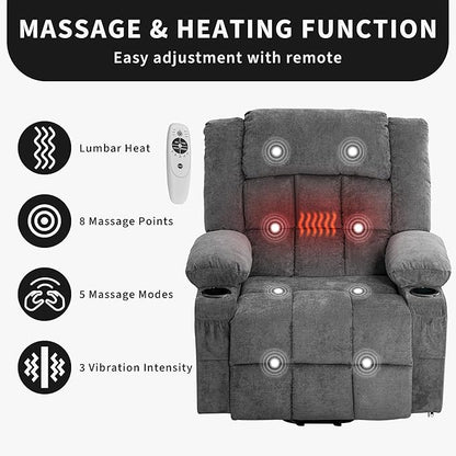 Large Power Lift Recliner Chair for Elderly Wide Electric Lift Chair with Massage and Heat for Big and Tall Adults Reclining Sofa Chair with Remote Control, Cup Holders, Side Pockets, USB Port, Gray