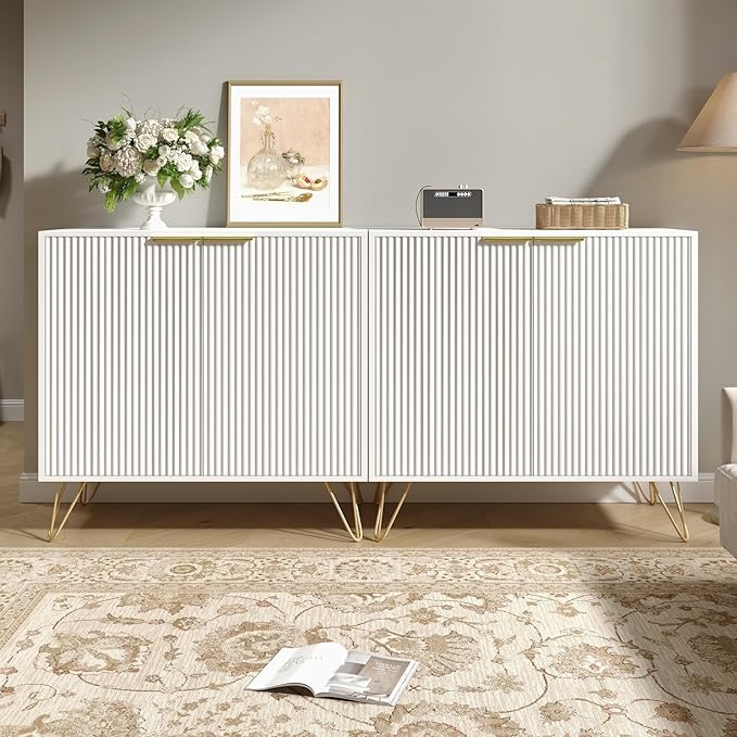 Fluted Storage Cabinet, Set of 2, Sideboard Buffet Cabinet, Modern Wood Accent Cabinet with Adjustable Shelves, Console Table for Living Room, Hallway, Entryway, White
