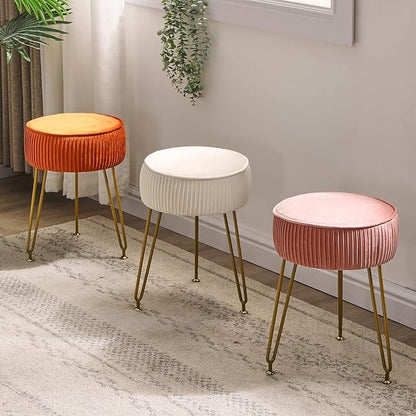 IBUYKE Velvet Round Footrest Stool Ottoman, Makeup Vanity Stool Side Table, Velvet Dressing Table Seat, Pouf Couch Stool, Golden Steel Legs, Creamy-White LG-30M