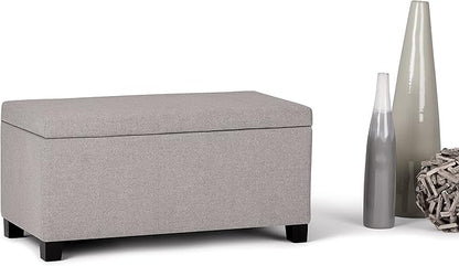 SIMPLIHOME Dover Storage Ottoman Bench - 36 inch Wide Upholstered Linen Look Fabric Rectangular Lift-Top Ottoman in Cloud Grey, Contemporary Bench for Living Room with Safety Hinges