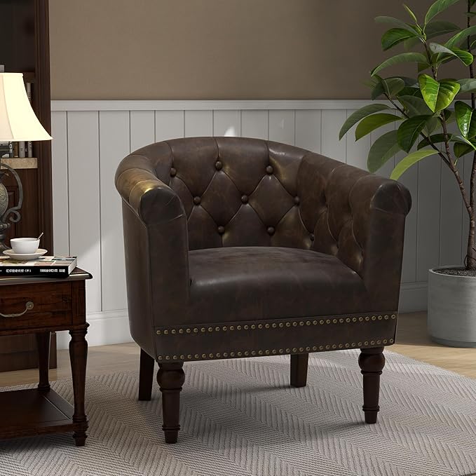 Lumibee Faux Leather Barrel Chairs, Upholstered Accent Chairs Set of 2 for Living Room, Modern Comfy Club Armchairs for Office, Bedroom, Waiting Room-Chocolate