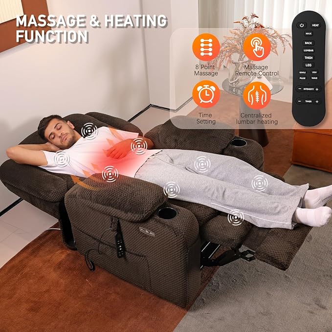 EONIX Lay Flat Power Lift Recliner Chair with Heat and Massage, Dual Motor Electric Lift Chair for Elderly for Postoperative Recovery, 400lbs Heavy Duty, Cup Holders, Lumbar Pillow, Coffee