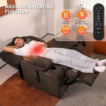 EONIX Lay Flat Power Lift Recliner Chair with Heat and Massage, Dual Motor Electric Lift Chair for Elderly for Postoperative Recovery, 400lbs Heavy Duty, Cup Holders, Lumbar Pillow, Coffee