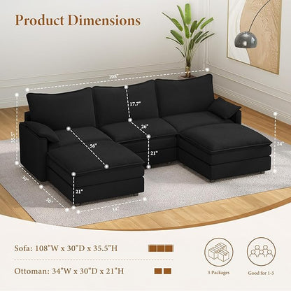 Vesgantti 108" U Shaped Sectional Couch, Comfy Cloud Modular Sectional Sofa with 2 Ottoman Deep Seat Chenille Modern Cloud Sofa, Modular Sofas for Living Room, Bedroom and Apartment, Black