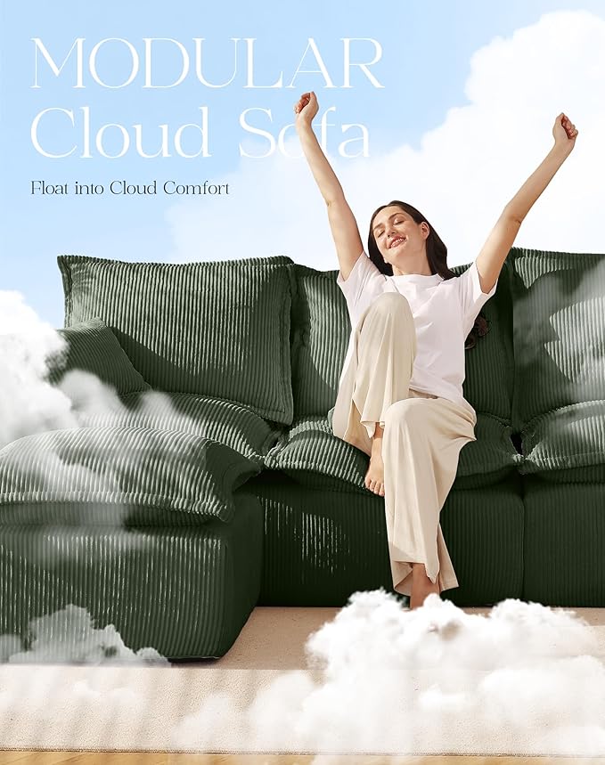 137" Comfy Cloud Couch with U-Shape Chaise & Deep Seat, Modular Sectional Sofa in a Box, Boneless Upholstered Couches for Living Room, No Assembly Required (Soft Corduroy, Green)