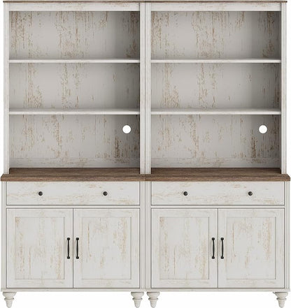 WAMPAT 5 Tier Bookshelf 72" Tall Bookcase with Barn Doors, Large Farmhouse Display Book Shelf with 2 Drawers and Storage Cabinet, Library Wood Bookshelves for Living Room,Kitchen, Rustic White (2PCS)