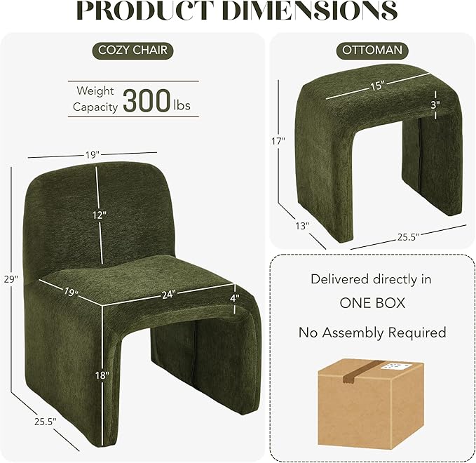 Accent Reading Chair with Ottoman, Chenille Upholstered Comfy Armless Accent Chair with Footrest Modern Side Lounge Chair for Living Room Bedroom, Moss Green