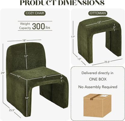 Accent Reading Chair with Ottoman, Chenille Upholstered Comfy Armless Accent Chair with Footrest Modern Side Lounge Chair for Living Room Bedroom, Moss Green