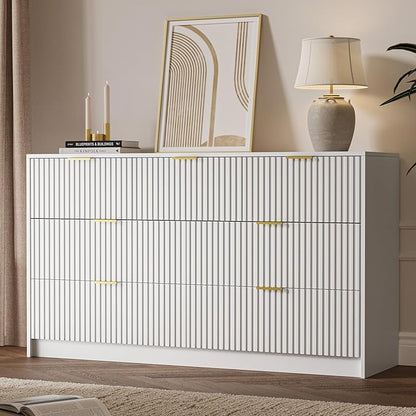3-Piece Dresser Bedroom Set, 7 Drawer Dresser & 3 Drawer Nightstands with Gold Handles, Fluted Wood Chest of Drawers for Bedroom, Living Room, Entryway, White