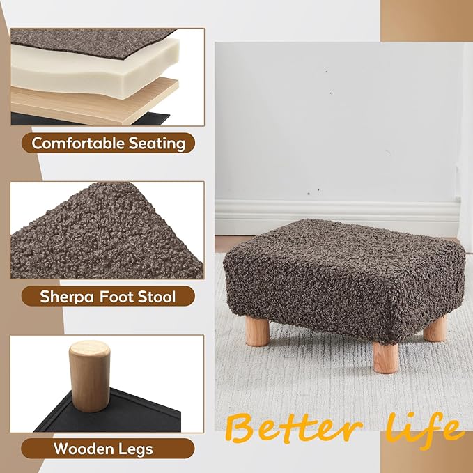 Small Foot Stool Ottoman, Sherpa Footstool Ottoman Foot Rest for Couch, Rectangle Footstools and Ottomans Small for Living Room, Entryway and Bedroom (Brown)
