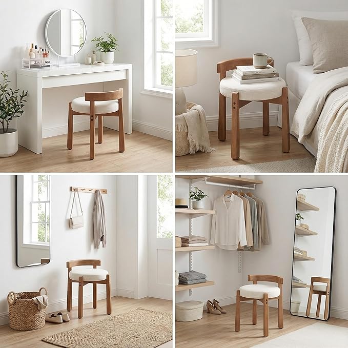 HNY Modern Linen Ottoman Set of 2- Low-Back Makeup Seat & Lounge Footrest with Solid Wood Frame, Casual Style for Bedroom Dressing Area, Beige