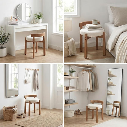 HNY Modern Linen Ottoman- Low-Back Makeup Seat & Lounge Footrest with Solid Wood Frame, Casual Style for Bedroom Dressing Area, Beige