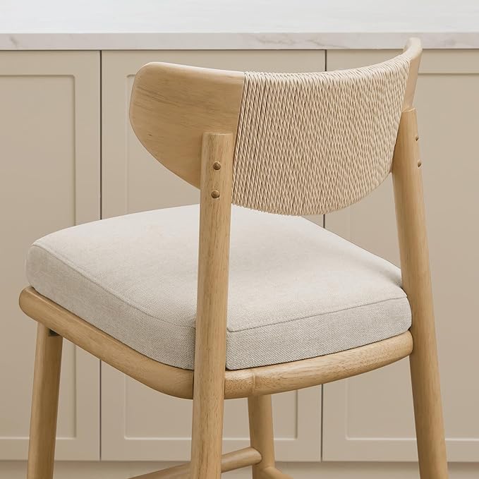 Watson & Whitely Boho Counter Height Bar Stools Set of 2, 27” Modern Upholstered Bar Stools with Natural Woven Rope Back and Solid Wood Frame for Kitchen Island, Home Bar, Fabric in Linen
