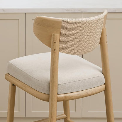 Watson & Whitely Boho Counter Height Bar Stools Set of 2, 27” Modern Upholstered Bar Stools with Natural Woven Rope Back and Solid Wood Frame for Kitchen Island, Home Bar, Fabric in Linen