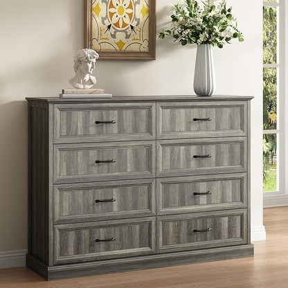 CARPETNAL Farmhouse 8 Drawer Dresser for Bedroom, 55 Inch Wide Modern Grey Dresser TV Stand with Large Drawers & Bar Handles, Rustic Wood Chest of Drawers for Bedroom, Living Room, Hallway, Entryway.