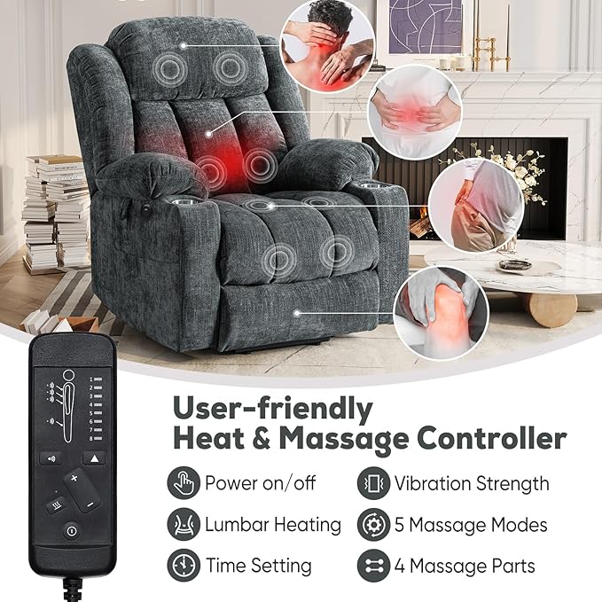 ABCASA Large Dual Motor Lay Flat Power Lift Recliner Chair for Elderly with Heat ＆ Massage, Comfortable Chenille Recliner, Cup Holder, Side Pocket,USB-A ＆ C Ports, Gray Blue