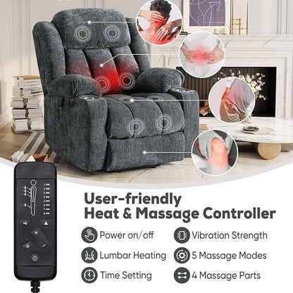 ABCASA Large Dual Motor Lay Flat Power Lift Recliner Chair for Elderly with Heat ＆ Massage, Comfortable Chenille Recliner, Cup Holder, Side Pocket,USB-A ＆ C Ports, Gray Blue