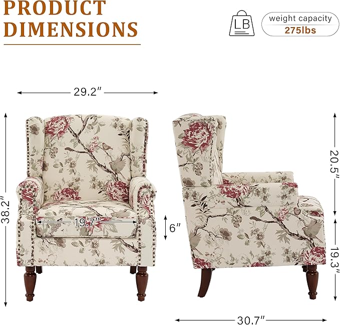 Floral Wingback Accent Chair, High Back Upholstered Armchair, Comfy Fabric Wingback Arms Chairs with Solid Wood Legs, Single Sofa Reading Chair for Bedroom Living Room, Beige