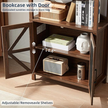 5 Tier Bookshelf 70" Tall Bookcase with Barn Doors,Large Farmhouse Display Book Shelf with Adjustable Shelves and Storage Cabinet,Wood Bookshelves for Living Room,Kitchen,Brown(2PCS)