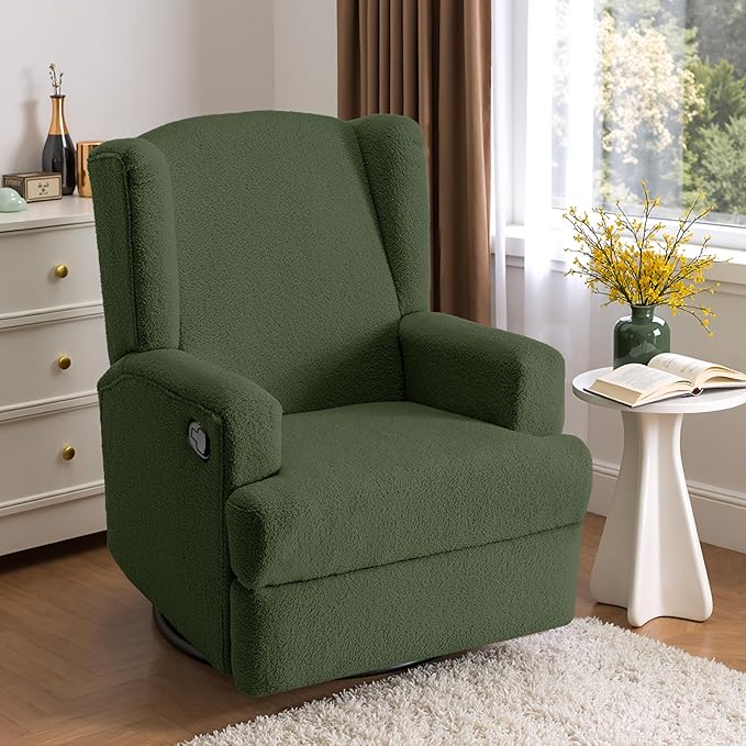 Boucle Swivel Glider Recliner Chairs Set of 2 for Adults - Plush High Back Rockers with Deep Seat, Coordinating Manual Recliners for Living Room, Luxury Upholstered Armchairs-Green