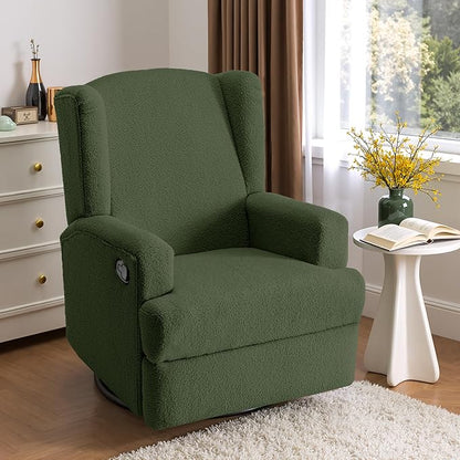 Boucle Swivel Glider Recliner Chairs Set of 2 for Adults - Plush High Back Rockers with Deep Seat, Coordinating Manual Recliners for Living Room, Luxury Upholstered Armchairs-Green