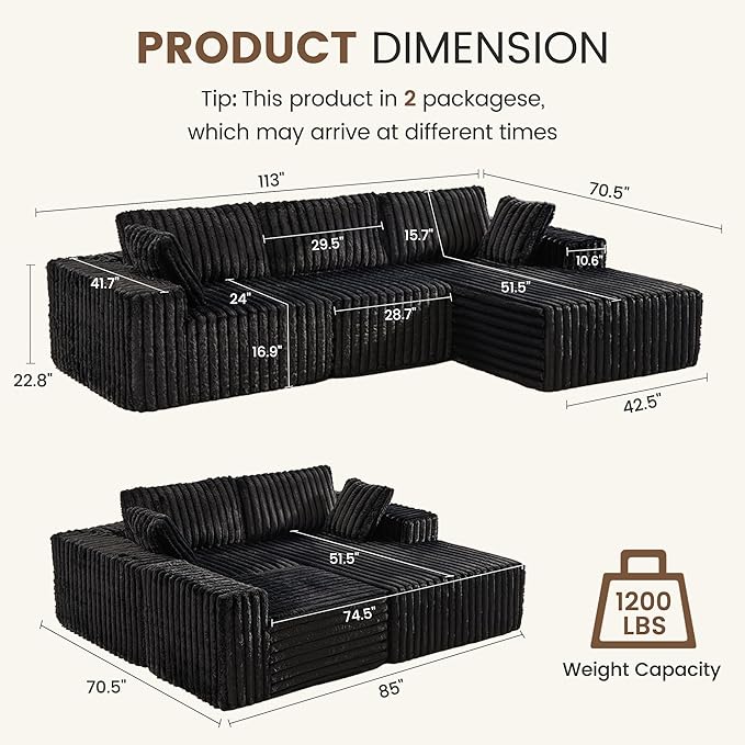 Apicizon 113" Modular Sectional Couch for Living Room, L Shaped Sectional Sofa Couch with Deep Seat, Boneless Sleeper Sofa with Chaise Longue for Apartment，No Assembly Required (Plush Corduroy Black)