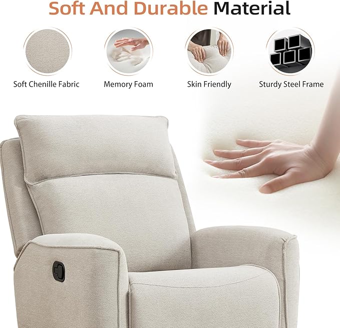 INZOY Nursing Rocking Chair Recliner, Swivel Rocker Recliner, Swivel Glider Rocking Recliners with Soft Backrest, Chenille Fabric Manual Reclining Sofa for Living Room Bedroom Apartment, Beige