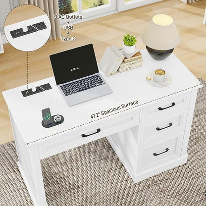 Vabches Farmhouse 47" Executive Desk, Computer Desk with Drawers and File Drawer, Workstation Computer Desk with Charging Station for Home Office,Study,Cream White.