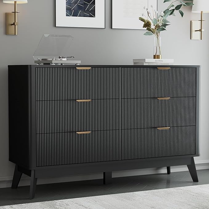 SUNWAVE 6 Drawer Dresser for Bedroom, 49.6" Wide Modern Fluted Dresser with Round Corner, Wood Chest of Drawers for Living Room