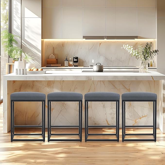 ALPHA HOME 24 Inch Counter Height Bar Stools Set of 2, Upholstered Bar Stools for Kitchen Island, Counter Stools with Faux Leather Cushion and Sturdy Metal Frame, Modern Barstools, Grey