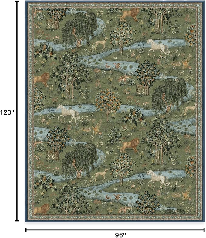 RUGGABLE x Morris & Co Washable Area Rug – Owl & Willow Green 8x10, Stain-Resistant, Non-Slip – Large Machine Washable Rugs for Living Room, Bedroom, Hallway, Entryway & Office–with Standard Pad
