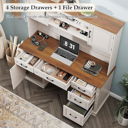 67" H Farmhouse Executive Desk with Hutch. Wood Workstation with 5 Drawers, Storage Cabinet, File Drawers and Charging Station, Ideal as Office Desks, Computer Desk for Home Office and Study