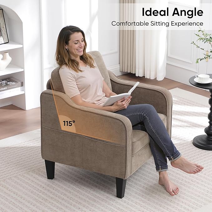 Accent Chair for Living Room, Mid Century Modern Reading Chair for Bedroom, Upholstered Armchair with Side Pockets, Comfy Single Sofa Side Chair for Office, Apartment, Small Room, Brown