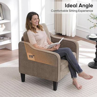 Accent Chair for Living Room, Mid Century Modern Reading Chair for Bedroom, Upholstered Armchair with Side Pockets, Comfy Single Sofa Side Chair for Office, Apartment, Small Room, Brown