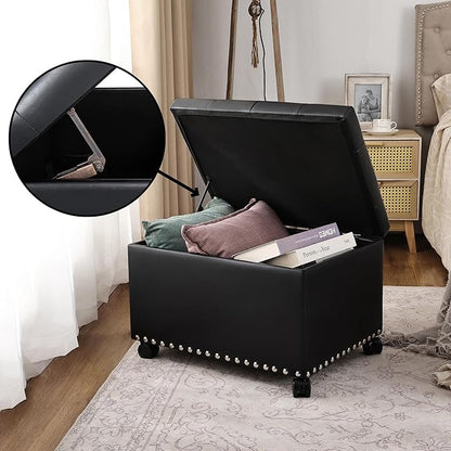 Leather Storage Ottoman Bench with 360° Caster Wheels, 24" Black Rectangle Rolling Ottoman with Storage, Foot Rest Bench Rectangle Ottomans Stool for Living Room Bedroom