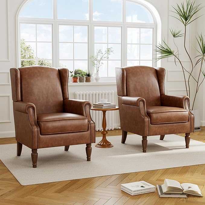 Accent Chair Set of 2, Upholstered Leather High Back Armchair with Nailhead Trim & Wood Legs, Comfy Wingback Reading Single Sofa Chair for Small Spaces, Living Room, Bedroom-Leather Brown, 2 SEAT