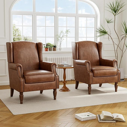 Accent Chair Set of 2, Upholstered Leather High Back Armchair with Nailhead Trim & Wood Legs, Comfy Wingback Reading Single Sofa Chair for Small Spaces, Living Room, Bedroom-Leather Brown, 2 SEAT