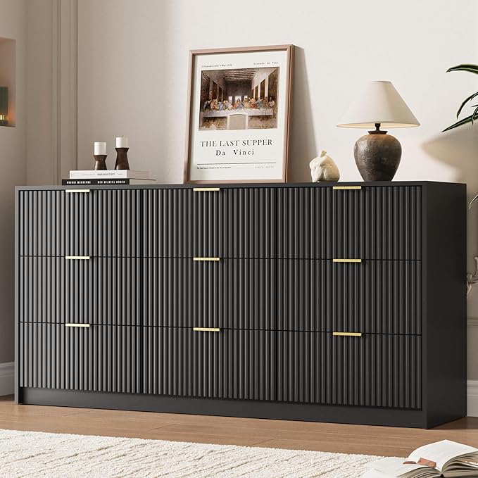 Black 9 Drawer Dresser for Bedroom, Modern Fluted Dresser with Gold Metal Handles, Wide Chest of Drawers for Bedroom, Living Room, Entryway, Hallway, 63" L x 15.7" D x 31.4" H