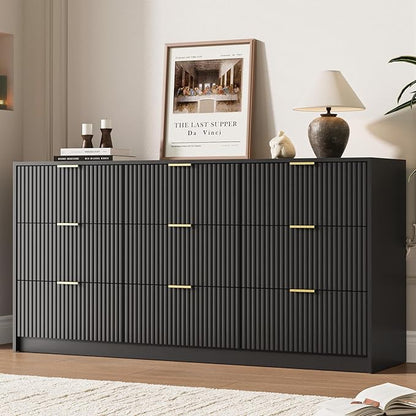 Black 9 Drawer Dresser for Bedroom, Modern Fluted Dresser with Gold Metal Handles, Wide Chest of Drawers for Bedroom, Living Room, Entryway, Hallway, 63" L x 15.7" D x 31.4" H