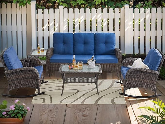HUMMUH 5-Piece Outdoor Patio Furniture PE Wicker Patio Conversation Set,All-Weather Outdoor Rocking Chairs with Patio Couch Tables for Backyard,Poolside,Deck